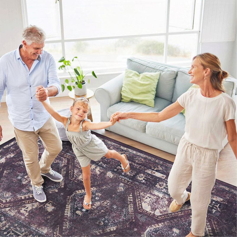 Area Rug, Washable Rug, Low-Pile, Non-Slip, Non-Shedding, Foldable, Kid & Pet Friendly - Area Rugs For Living Room, Bedroom, Kitchen (Burgundy/Black)