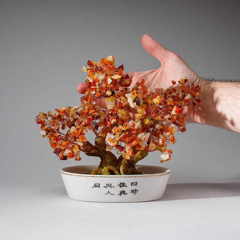 Genuine Carnelian Gemstone Bonsai Tree in Oval Ceramic Pot (8")