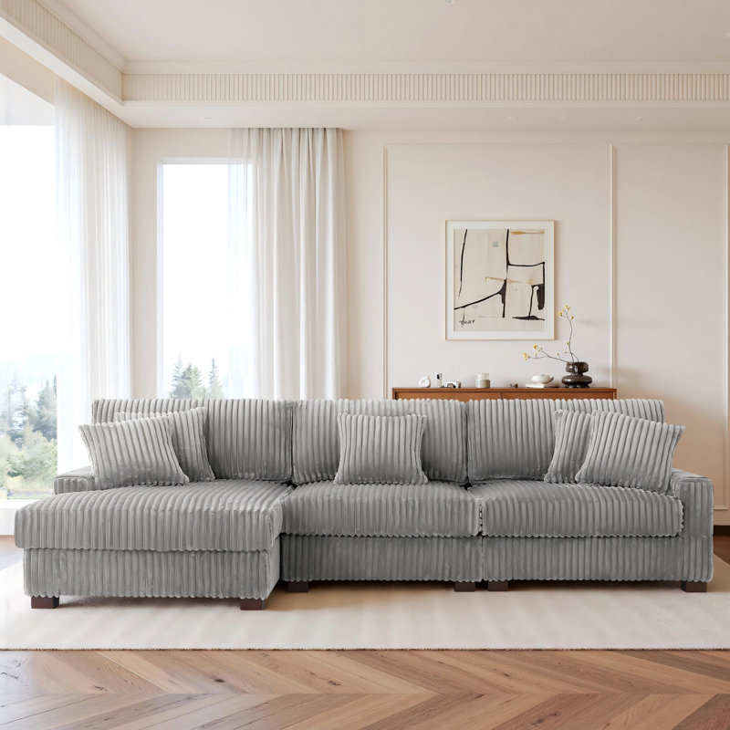 3 Seater Sectional, Light Grey Polyester/Foam Padding