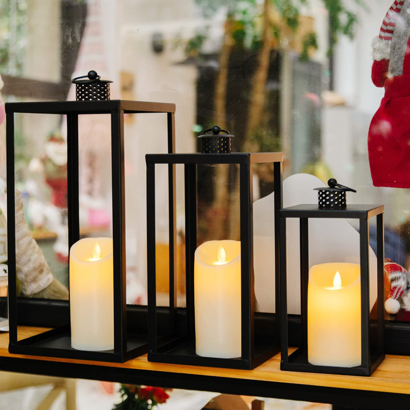 Ensemble de 3 lanternes de style campagnard noir avec des minuteries vacillantes