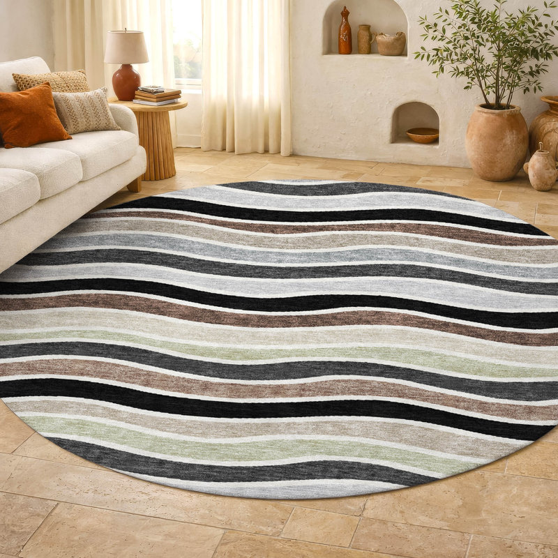 Premium Machine Washable Mayfield AMF2333 Stripes Rug, 8' Round, Black