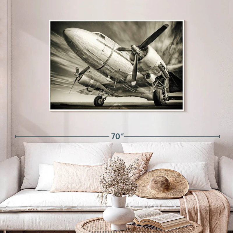 Avion rétro monochrome, Cadre flottant blanc, 46 po x 31 po