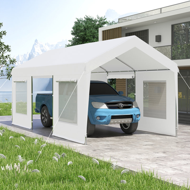 10 pi. L 20 pi. Garage d'extérieur robuste D - Grand abri d'auto avec fenêtres respirantes, Blanc