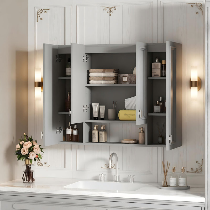 Armoire de salle de bain moderne avec 5 tablettes réglables, armoire à pharmacie murale pour la salle de bain, charnières à fermeture douce, étagère ouverte