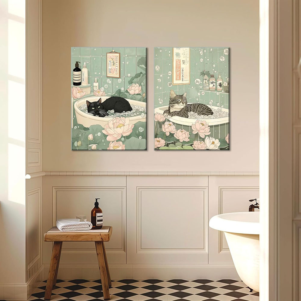 Japanese Cat Bathroom Canvas Wall Art Cute Funny Black And Tabby Cat Poster Prints Zen Lotus Style Painting Pictures Animal Bathtub Wall Decor For Bat