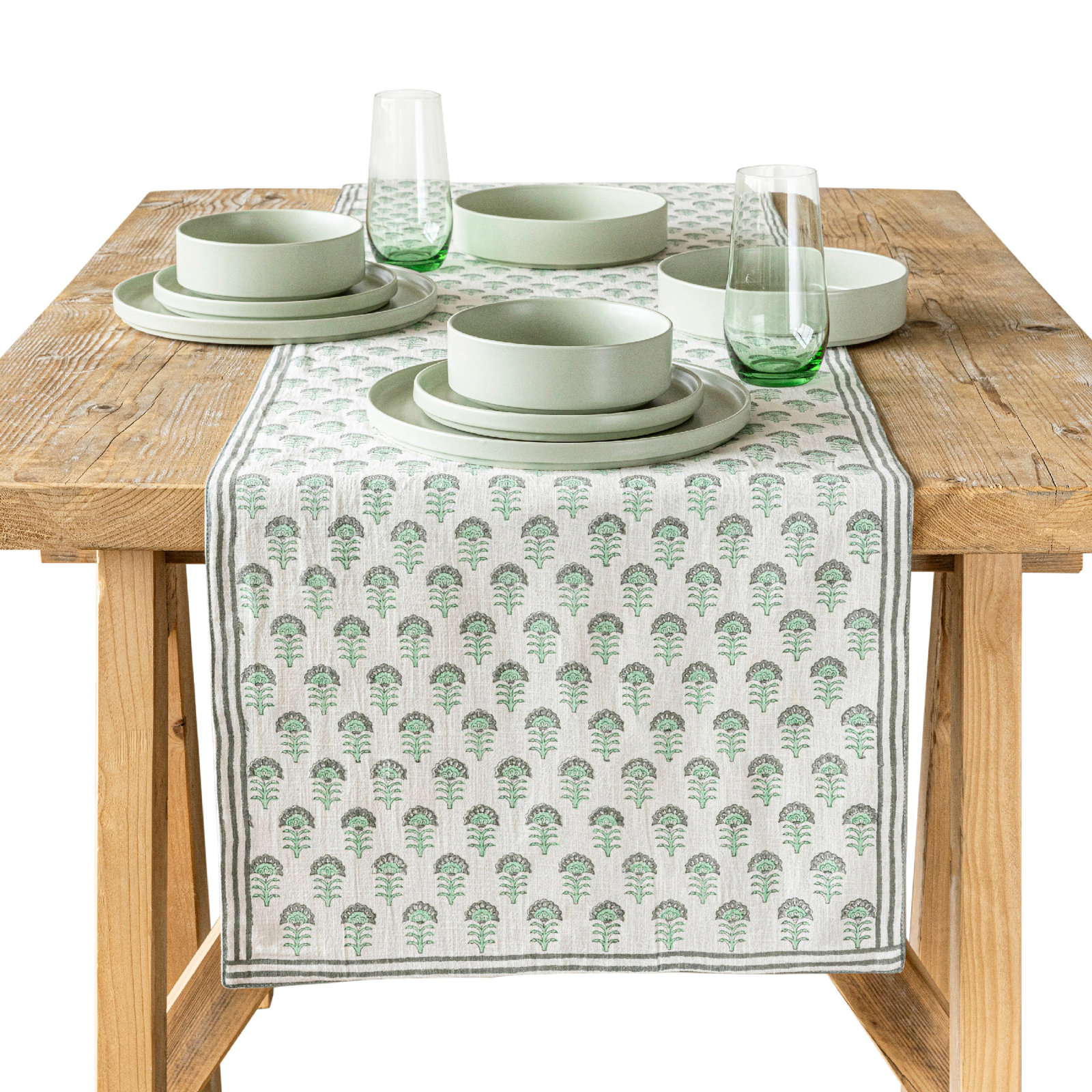 over&back Hand-Blocked Table Runner, 18" W x 90" L, Green Flower