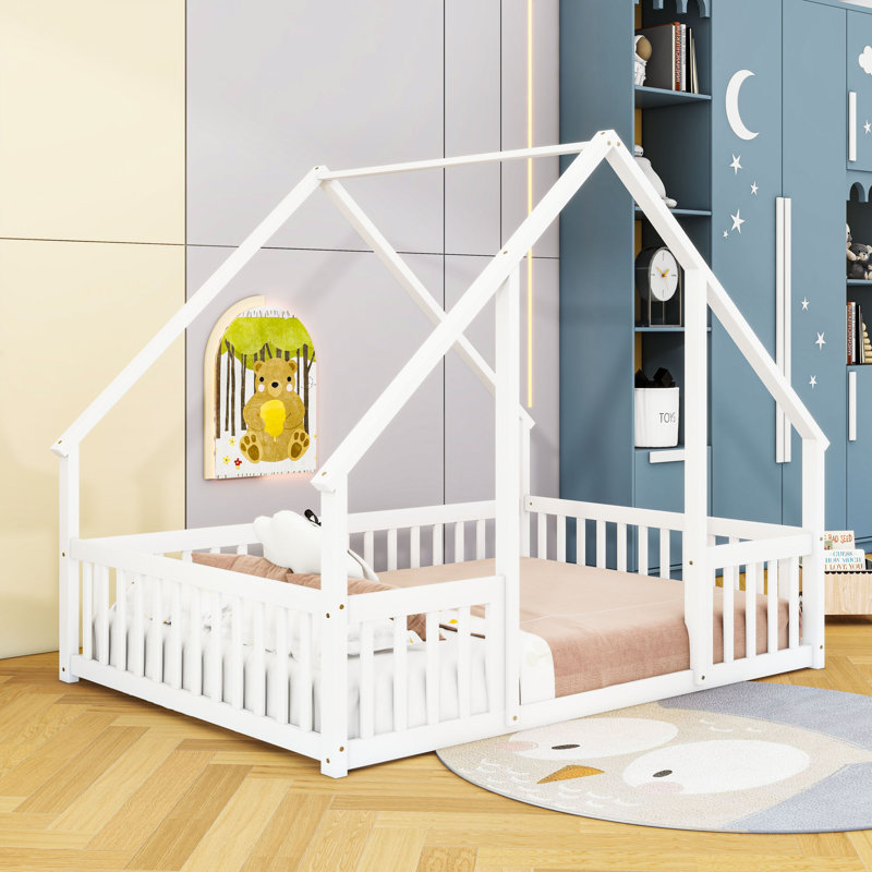 Lit en bois avec garde-corps, Double, Blanc