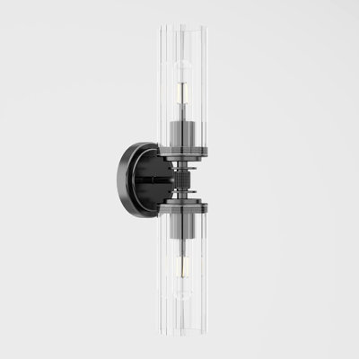 Ophilia 19 in. 2-Light Farmhouse Dimmable Wall Sconce in Matte Black with Clear Striped Glass Shade