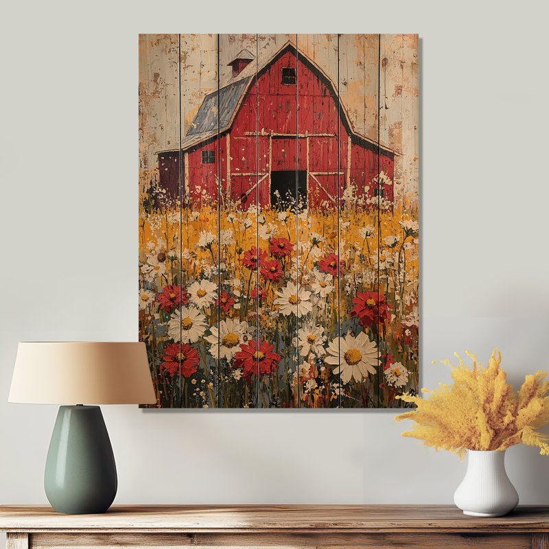 Barnyard In Full Bloom I - Farm Wood Wall Art - On Natural Pine Wood, 20" H x 10" W x 0.78" D