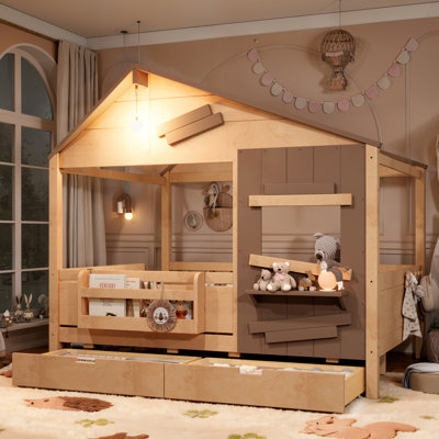 Solid Wood Bed with Built-In Stairs