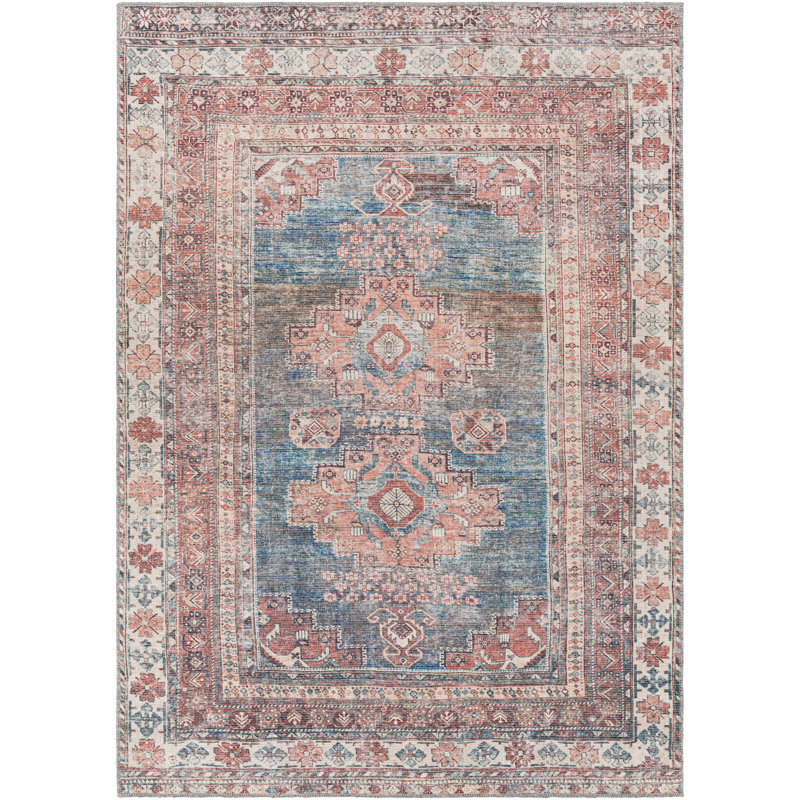 Tapis oriental bleu / corail poussiéreux Maio, Rectangle 7 pi 10 po x 10 pi 2 po