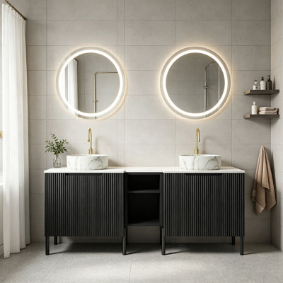Meuble-lavabo double autoportant 60 po avec lavabo 60 po, 2 armoires de rangement rayées 24 po + tablette ouverte amovible 12 po, 2 vasques rondes en pierre avec comptoir blanc Carrara
