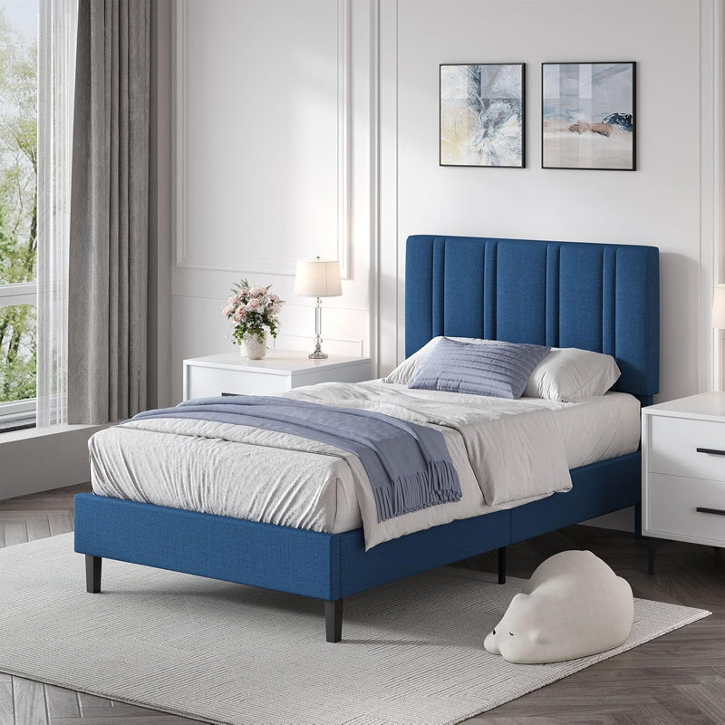 Tufted Headboard, Upholstered Platform Beds with Wooden Slats Support, Fabric Bed Frame, Blue, Twin
