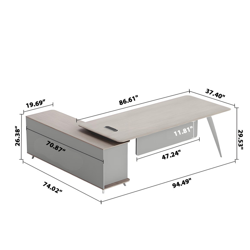 Bureau de direction en L 94,49 po gris avec serrure à combinaison, H 29,53 po x l 94,49 po x P 74,02 po