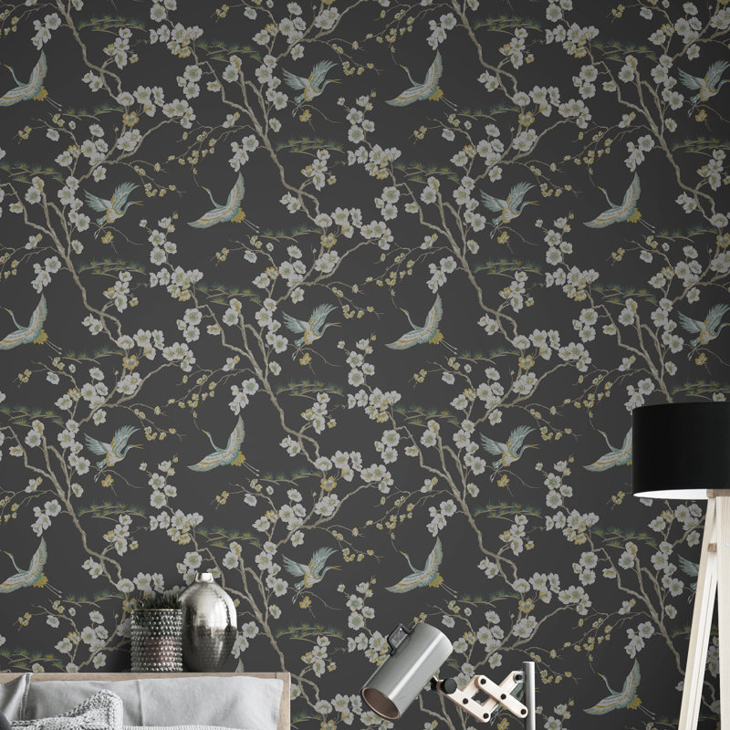 Kabuki Floral Vinyl Wallpaper Roll, Black