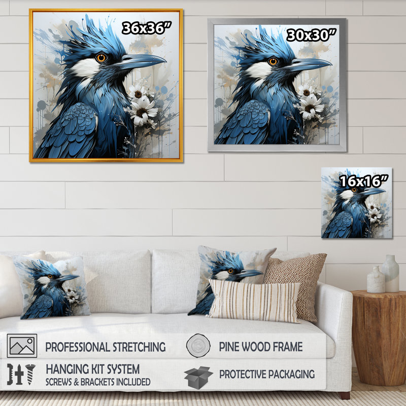 «Blue and Black Blue Jay Bird», art mural encadré, 24" H x 24" W, Cadre flottant noir