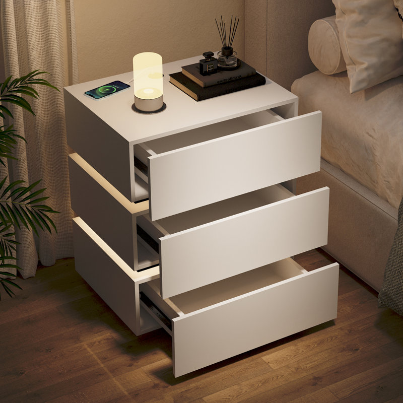 Table de chevet moderne à 3 tiroirs avec éclairage DEL et recharge sans fil, Blanc