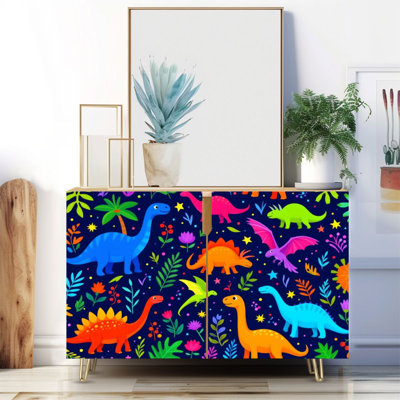 Buffet étroit de 35,4 po de largeur - armoire de rangement décorative à 2 portes avec des éclaboussures de peinture de dinosaures rigolos fluides et des pieds en métal
