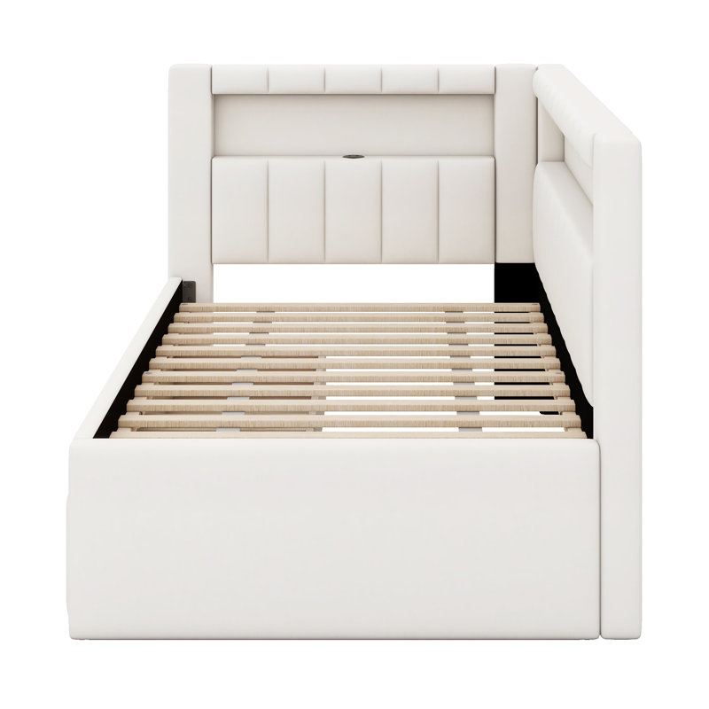 Upholstered Platform Daybed With Trundle Bed, Upholstered Bed Frame With USB, White