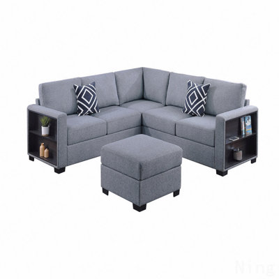 Contemporary Functional Sectional Sofa 4Pc Set Gray Boucle Couch Loveseat W Built-In Shelfs Wedge, Ottoman Living Room Furniture L-Shaped Design Couch