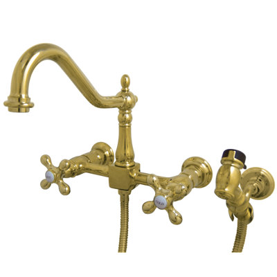 Kingston Brass Heritage Double-Handle 3-Hole Wall-Mount Bridge Kitchen Faucet with Brass Sprayer