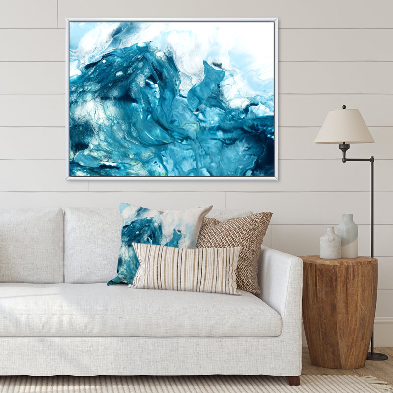 Art turquoise liquide - peinture sur toile, Toile à cadre d'angle fermé doré, H 16 po x l 32 po