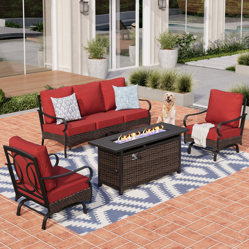 5 - Person Front Porch Furniture Sets With Fire Pit Table & Rocking Lounge Chairs, Red