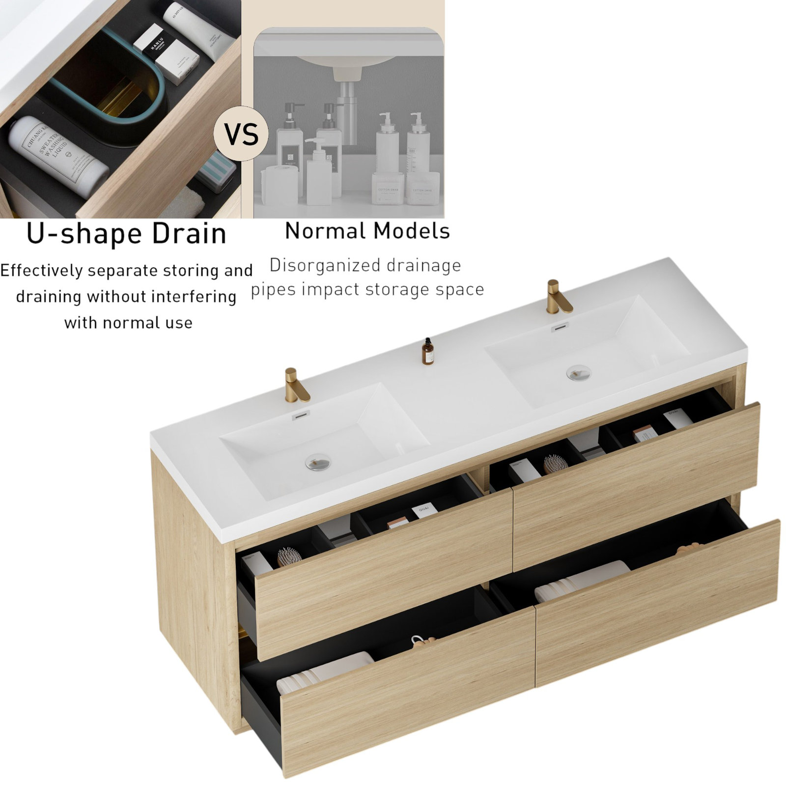 Beira 71" Double Bathroom Vanity, Oak