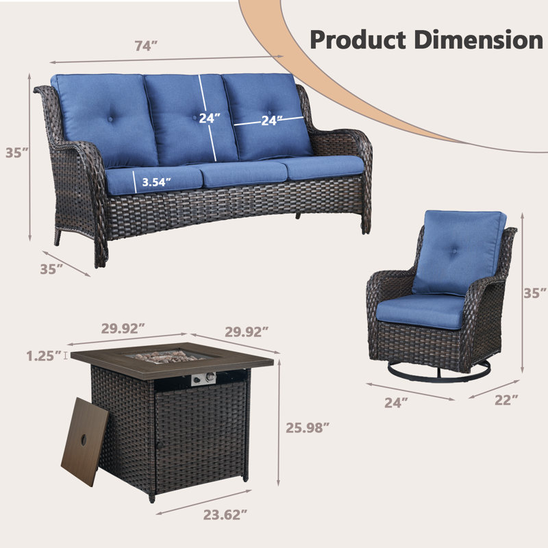 Schutt 5 - Person Outdoor Seating Group with Cushions, Blue, Brown
