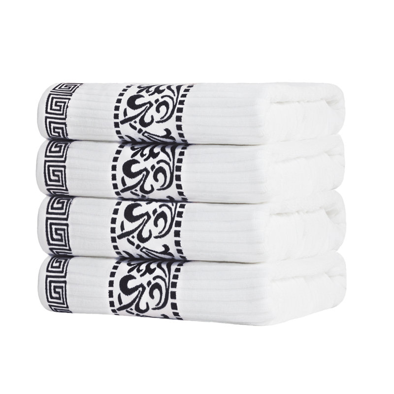 Mikira Athens Cotton Medium Weight Floral Border Greek Key Trim Bath Towel (Set of 4), White/Black