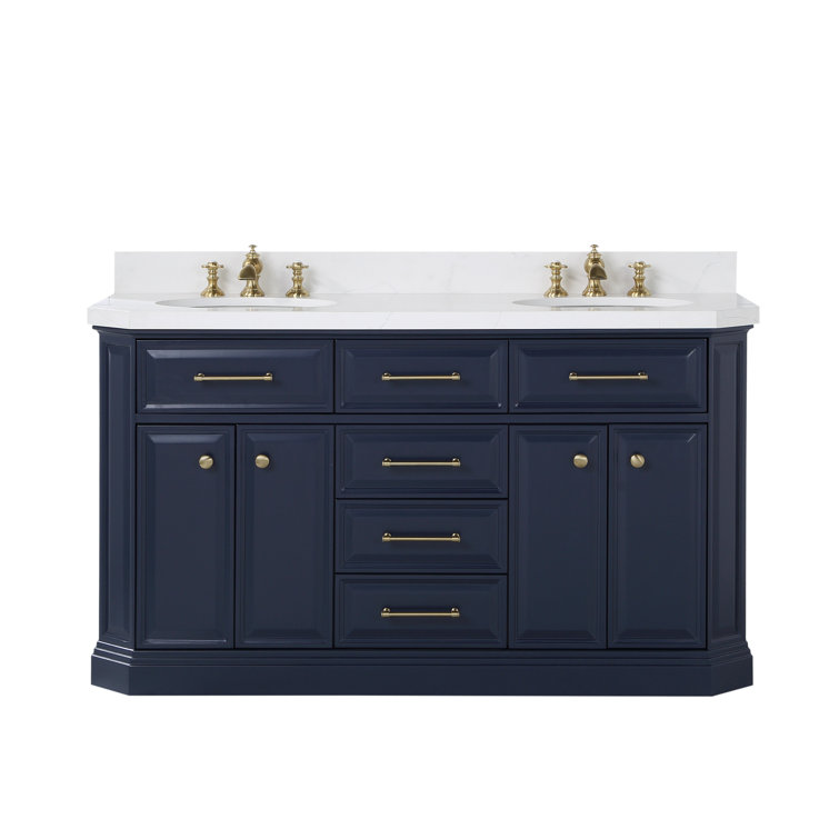 Palace 60 In. Double Sink White Quartz Countertop Vanity In Monarch Blue With Waterfall Faucets