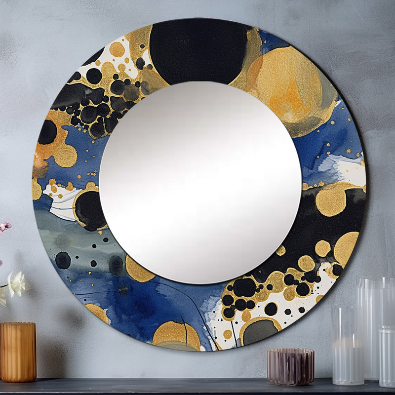 Abstract Pattern With Blue & Golden Textures XXIII - Modern Geometric Blue Large Round Mirror, 29" x 29"