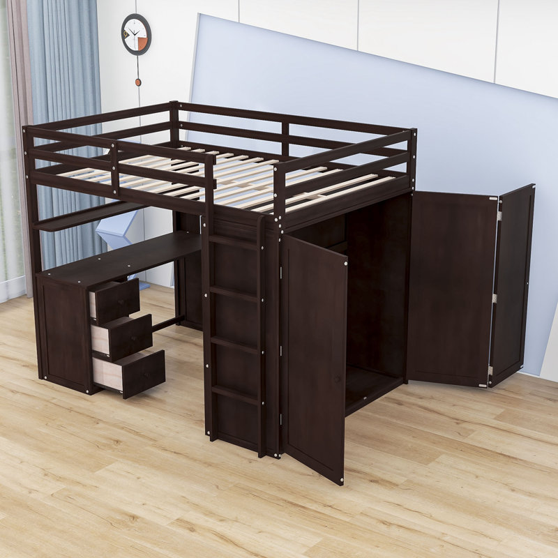 Keisler Full Size Wood Loft Bed with 3 Drawers, Desk and Wardrobe, Espresso