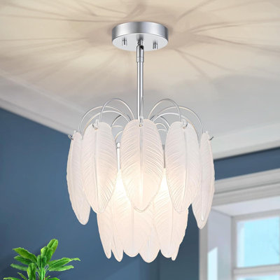 Modern 3-Light Glass Chandelier With Adjustable Height, Frosted Feather Shade And Silver Frame For Dining Room And Living Room Ceiling