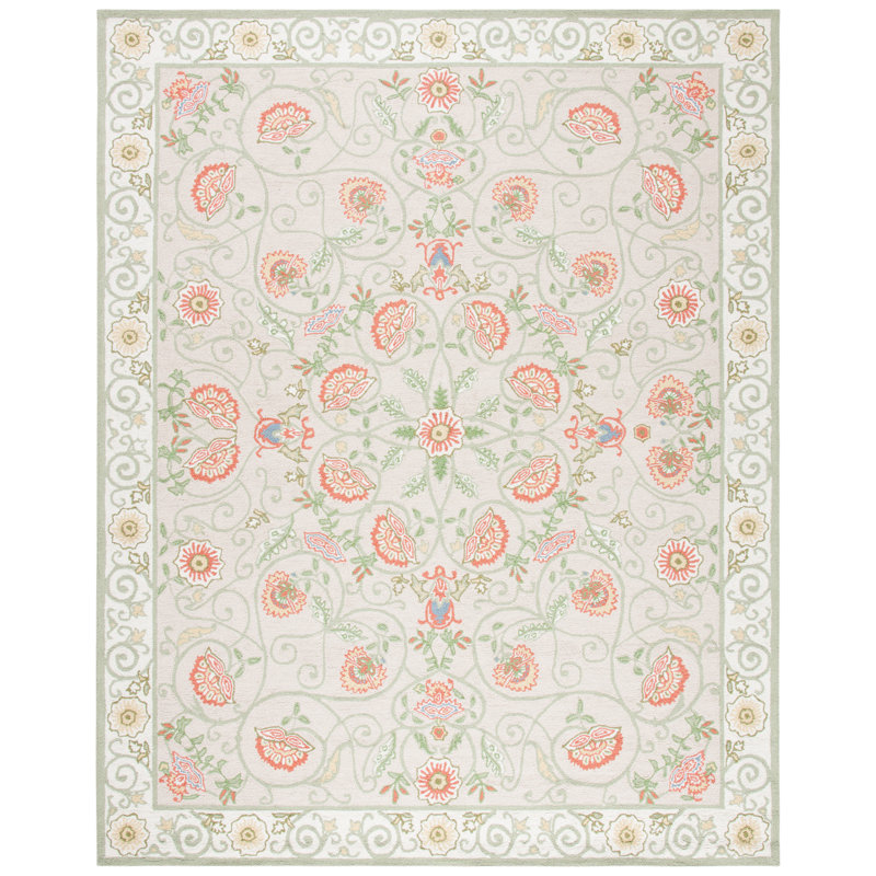 Tapis beige / vert en laine à motif floral crocheté à la main Hollander, Rectangle 8 pi x 10 pi
