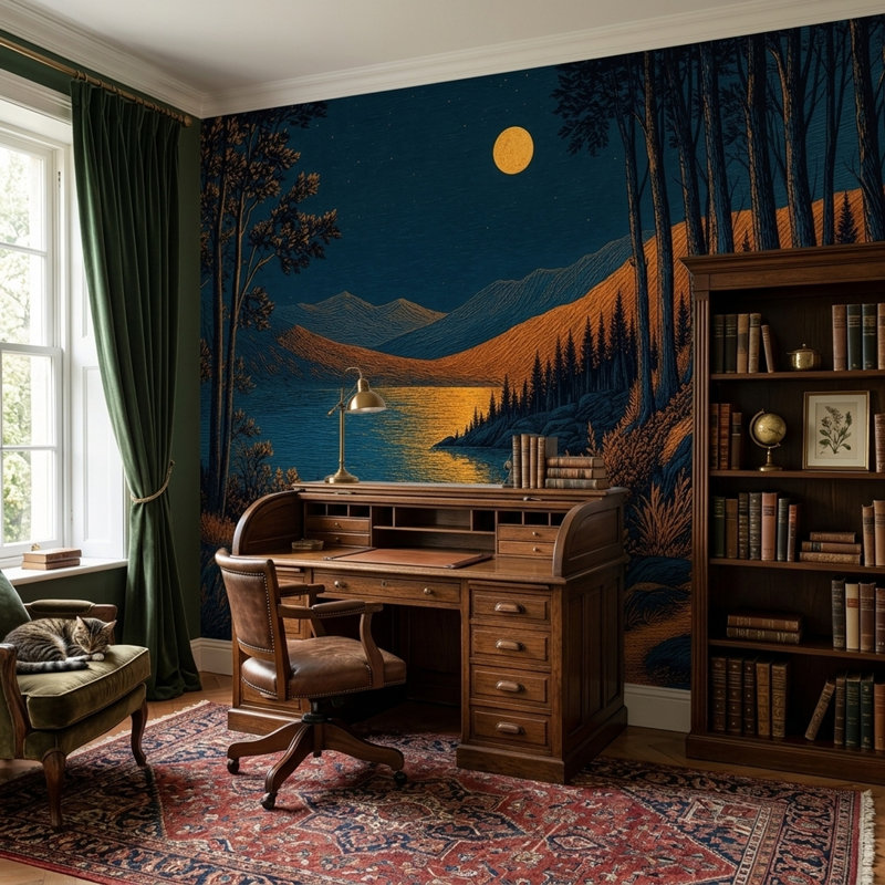 Fresque murale du lac au clair de lune, paysage nocturne de forêt de montagne, 80"x96", Non-Woven Nonpasted