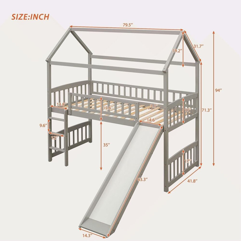 Lit mezzanine avec glissade Kitzie, Gris