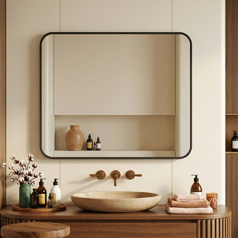 Miroir de salle de bain rectangulaire à angle droit en aluminium antidéflagrant Yishar, H 36 po x l 30 po, Noir