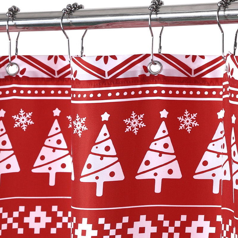 Red Christmas Boho Shower Curtain 90GSM Oxford Polyester | Tree & Snowflake Print, Water-Repellent & Machine Washable Festive Bathroom Decor