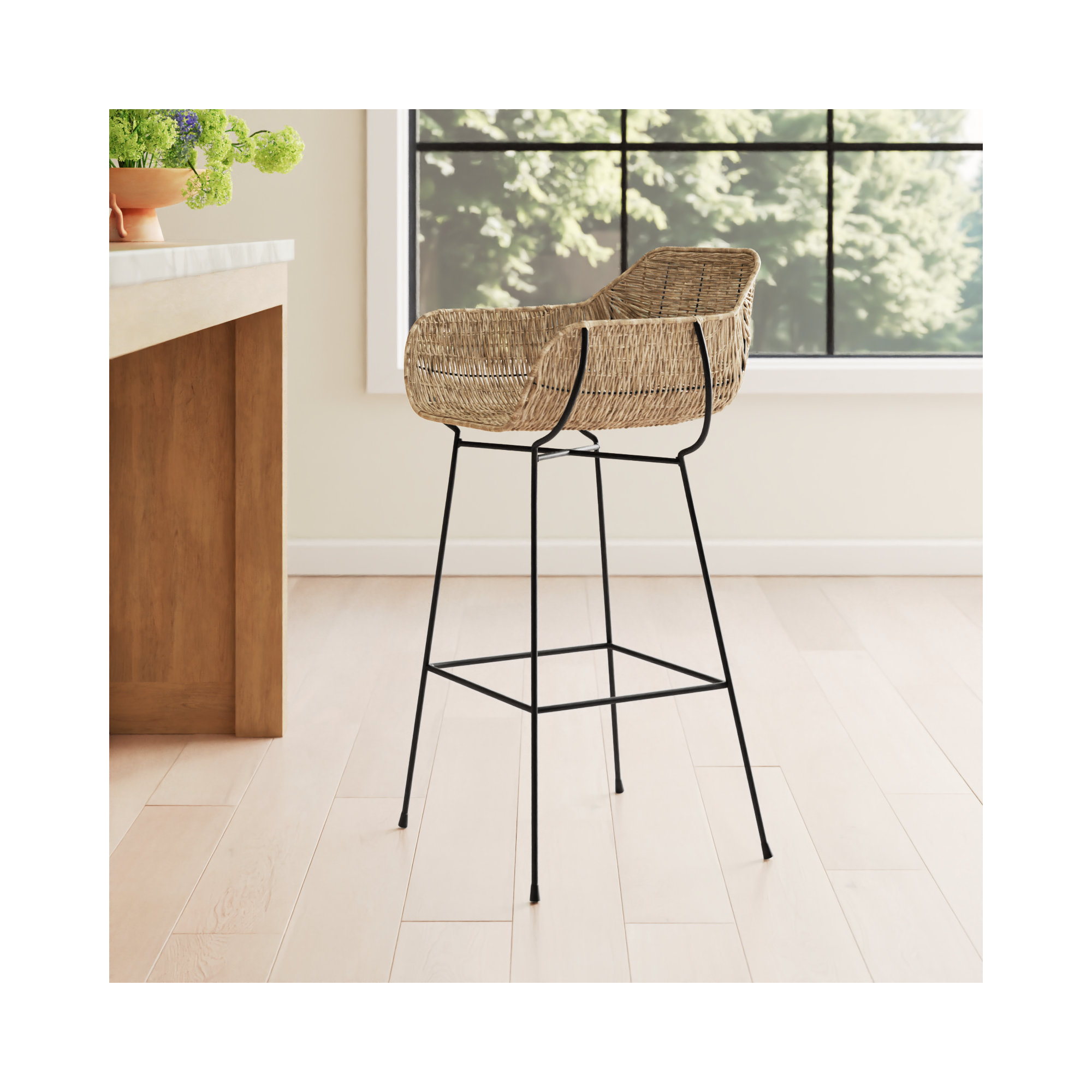 Haneza Bar Stool In Natural Rattan & Black Steel, Counter Stool (24" Seat Height)