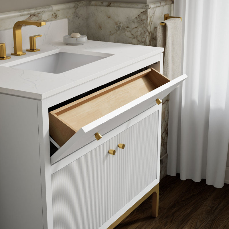 Calpa Meuble-lavabo de salle de bain avec lavabo et comptoir en quartz, Blanc