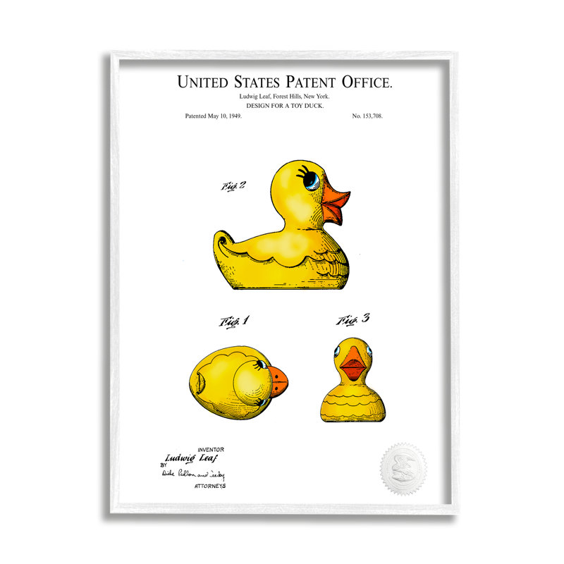 Schéma de conception de jouet canard en caoutchouc jaune, L 11 po x H 11 po, Giclée encadrée blanc bord de mer