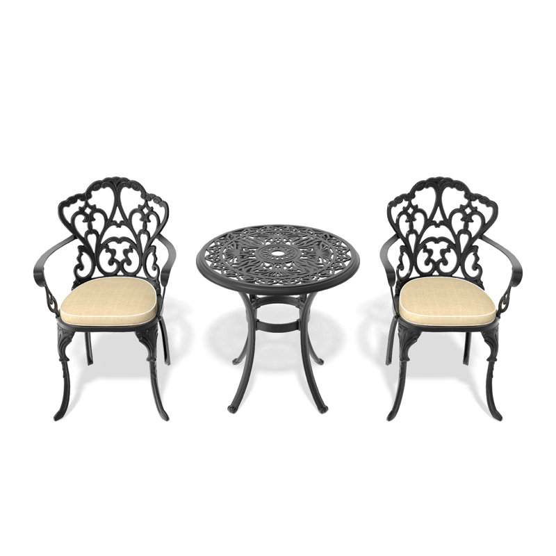 3-Piece Set Of Cast Aluminum Patio Furniture  With Black Frame And Off-White Seat Cushions, 2