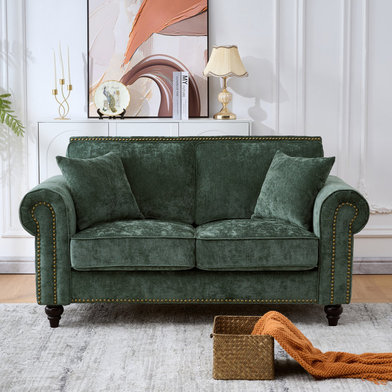 63 Inch Chenille Sofa, Comfortable 2-seater Soft Cushion Sofa, Nail Head Decoration, 2, 33.4" H x 63.4" W x 34.5" D, Green