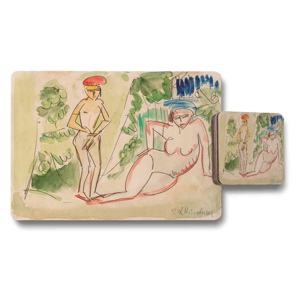 Nude Figure Garden Art Placemat and Coaster Set Watercolor Sketch