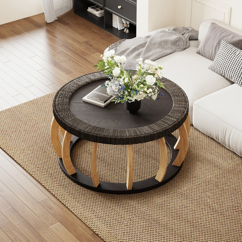 Table basse ronde en bois massif 35,43 po, Naturel, H 16,54 po x L 35,43 po x l 35,43 po