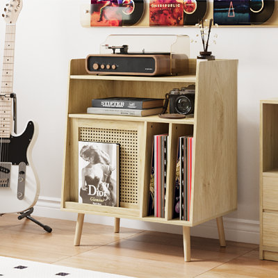 Record Player Stand with Open Shelves and Enclosed Cabinet, Bohemian Modern Media Console for Living Room