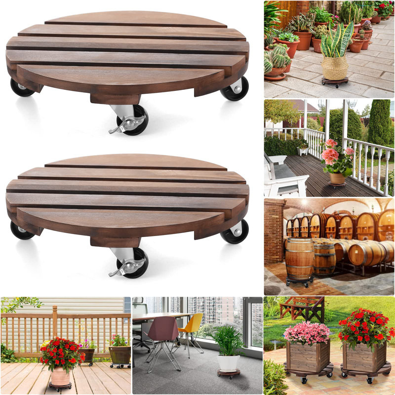 Lot de 2 supports à plantes de 30 cm avec roulettes en bois, Brun