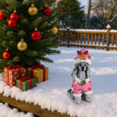 Statue de caniche de Noël, figurine de chien des Fêtes en tenue de père Noël (pile incluse)