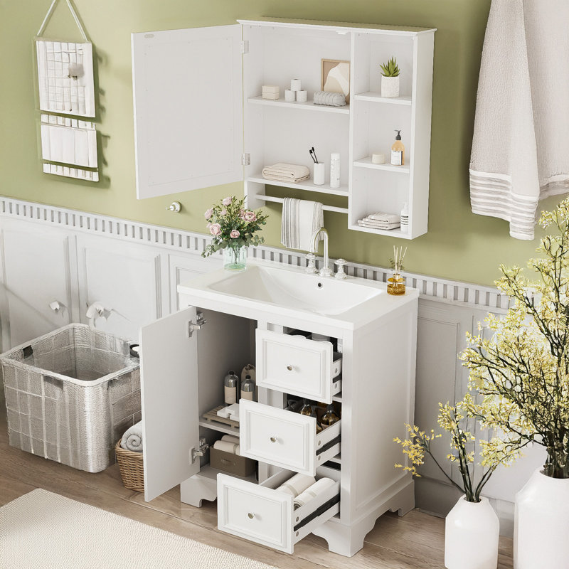 Meuble-lavabo avec lavabo, 3 tiroirs, tablettes réglables, Blanc